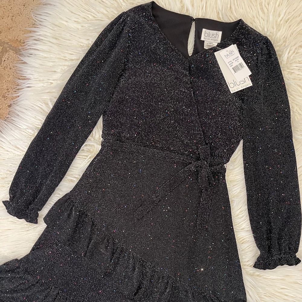 BLUSH by US Angels "Faux Wrapknit dress in Black Sparkle" NWT